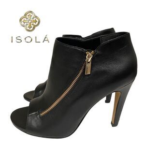 Isola Women's Madras Black Leather Heeled Zipper Ankle Booties 10